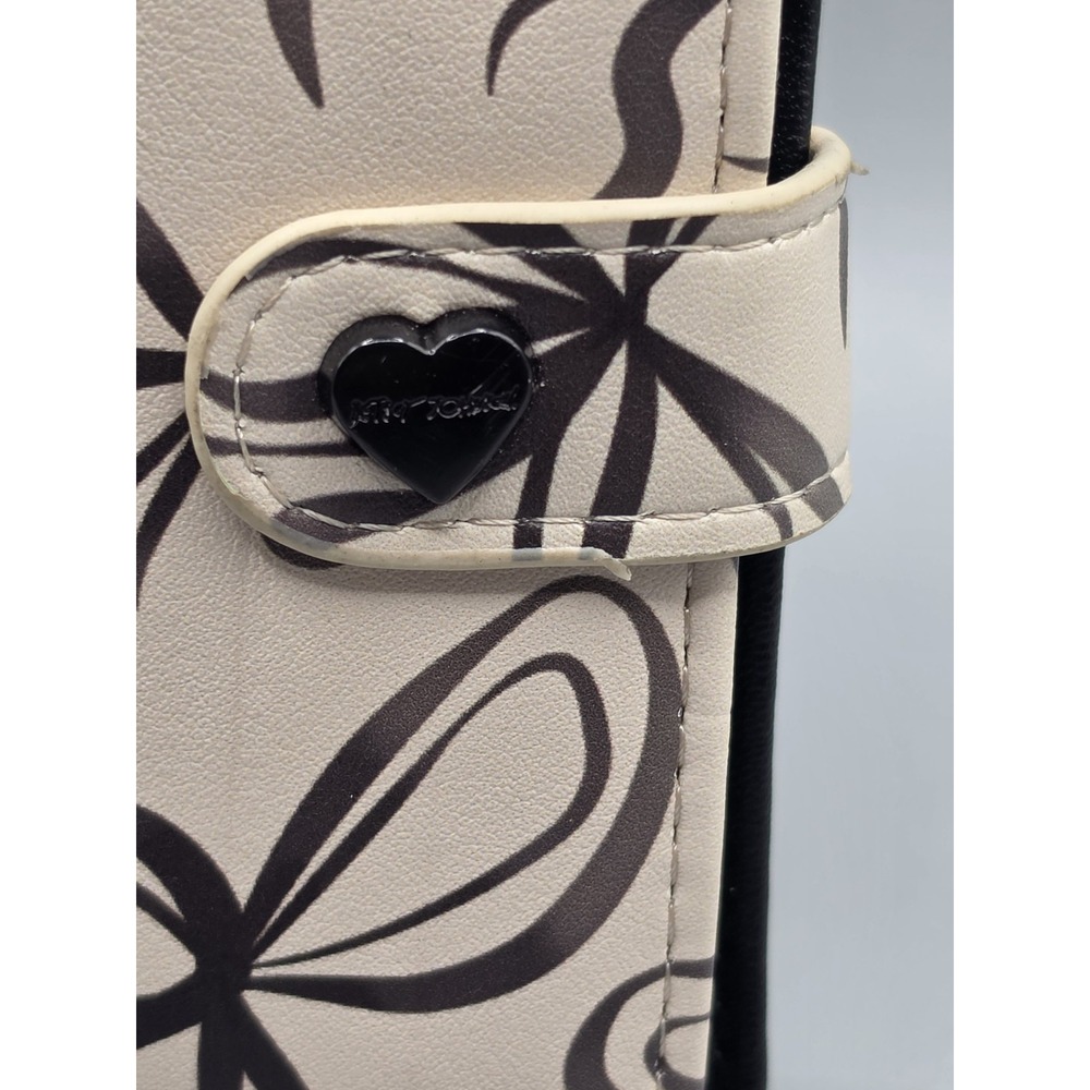 Betsey Johnson Bow Print Wallet Card Holder ID Case Keychain Clip Beige Black